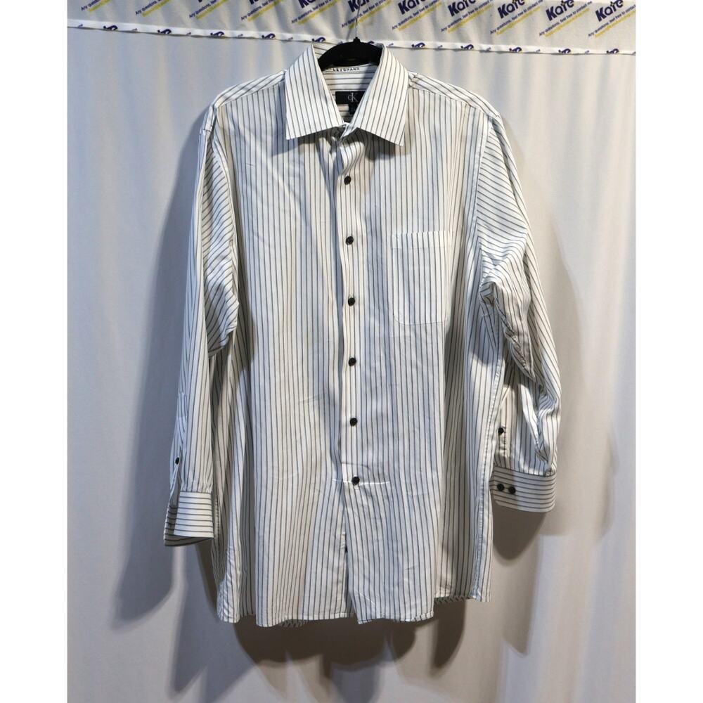 Calvin Klein White and Black Button-Up Striped Collared Men's Shirt Size Large